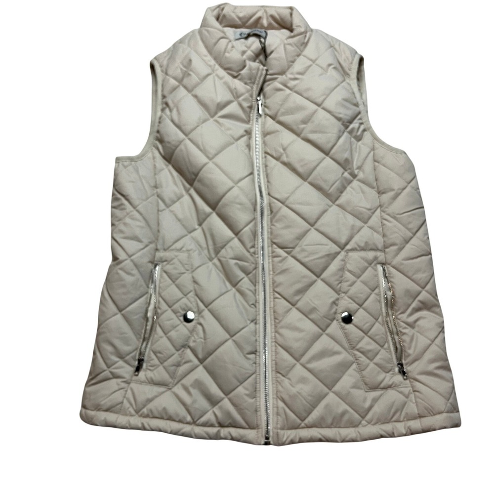 Fuinloth Quilted Puffer Vest Womens Small Beige Full Zip Lightweight Sleeveless